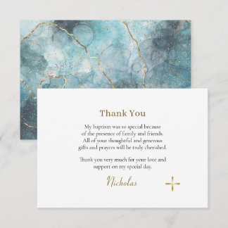 Textured Blue Marble Gold Lines Orthodox Baptism Thank You Card