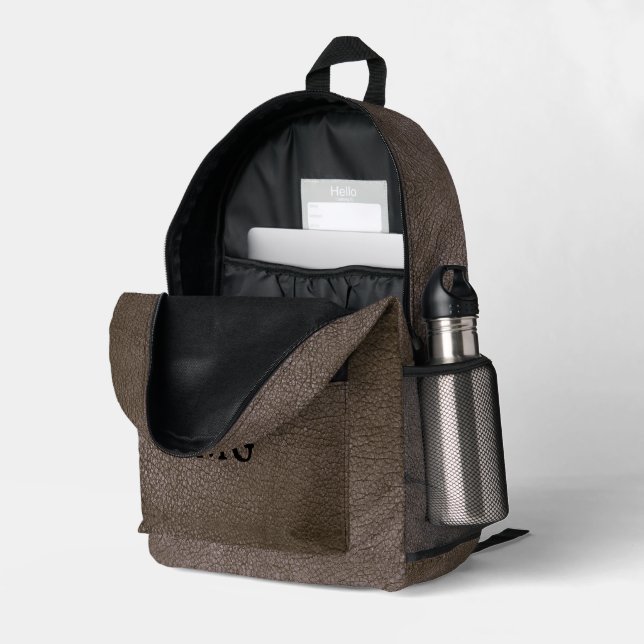 Textured Brown Faux Leather Monogram  Printed Backpack (Back Corner Right (Open))