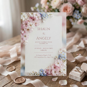 Textured Canvas Pink Blue Sakura Frame Wedding Invitation