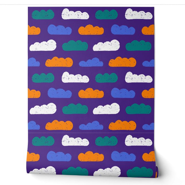 Textured Crayon Clouds on Royal Purple Wallpaper (Unrolling)