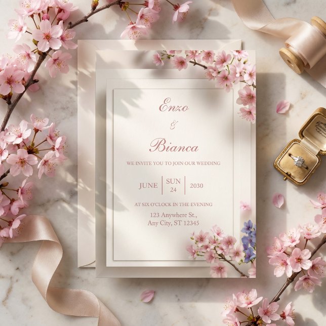Textured Cream Pink Sakura Botanical Frame Wedding Invitation (Creator Uploaded)