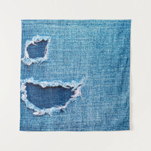 Textured denim background. Torn hole in the fabric Tapestry