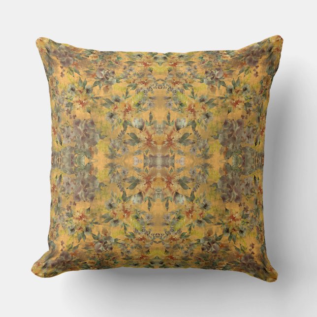 Textured Floral Golden Repeat Pattern Art Throw Pillow (Front)