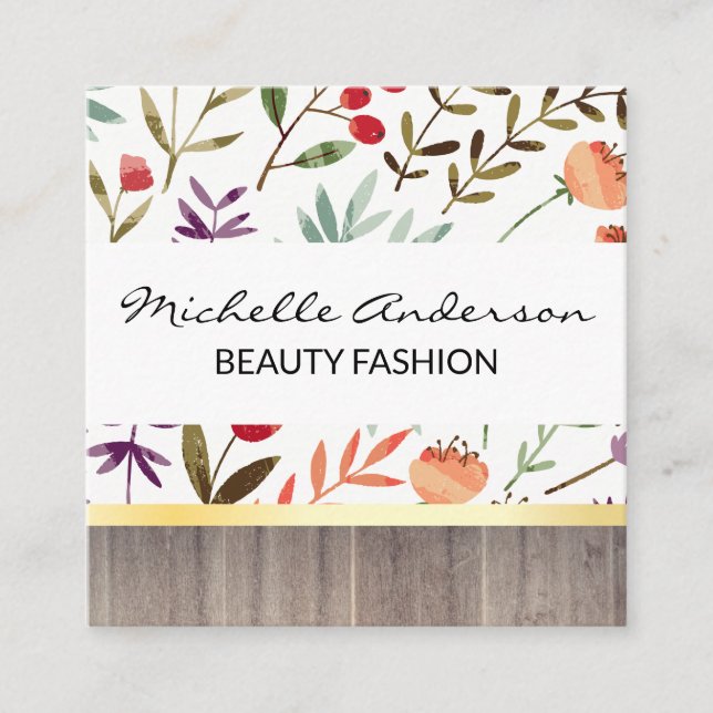 Textured Flower Pattern | Wood Trime Square Business Card (Front)