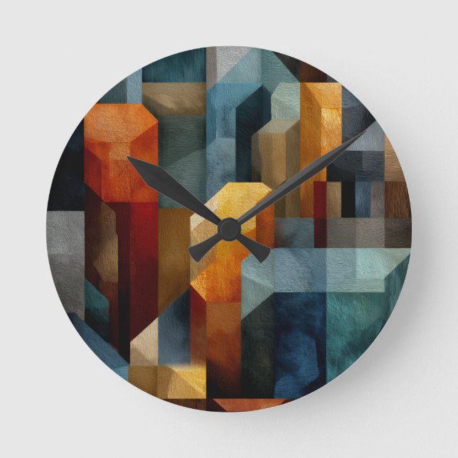 Textured Geometric Abstract Blue Orange Luxury Art Round Clock (Front)