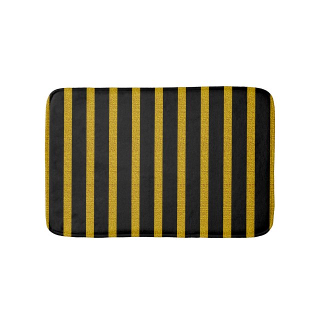 Textured Gold Stripes on Black Bath Mat (Front)