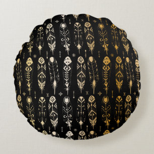 Textured golden feathers in tribal style. Seamless Round Pillow
