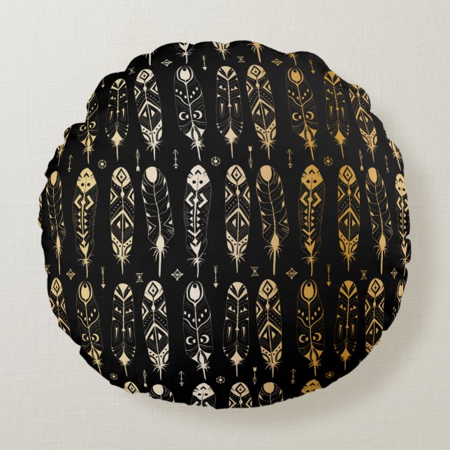 Textured golden feathers in tribal style. Seamless Round Pillow (Front)