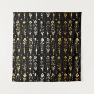 Textured golden feathers in tribal style. Seamless Tapestry