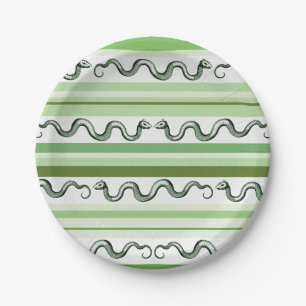 Textured Green and White Snakes and Stripes Paper Plate