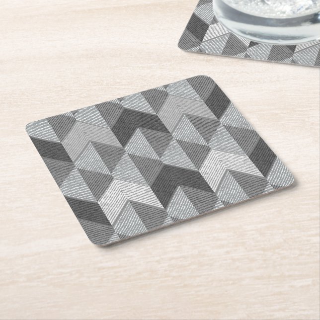 Textured grey geometric.  square paper coaster (Angled)