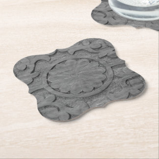 Textured Grey Teak Wood Scroll Design Custom Paper Coaster