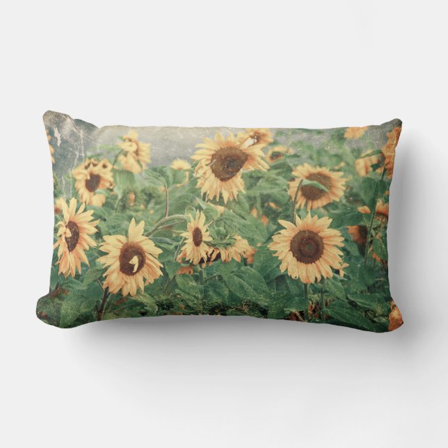 Textured Grunge Field Of Giant Yellow Sunflowers Lumbar Pillow (Front)