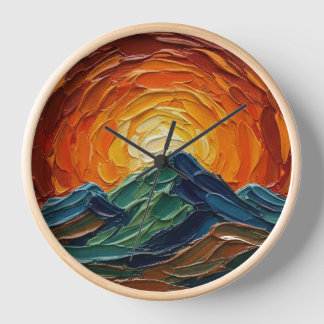 Textured Impasto Oil Painting Mountain Sunset Land Clock
