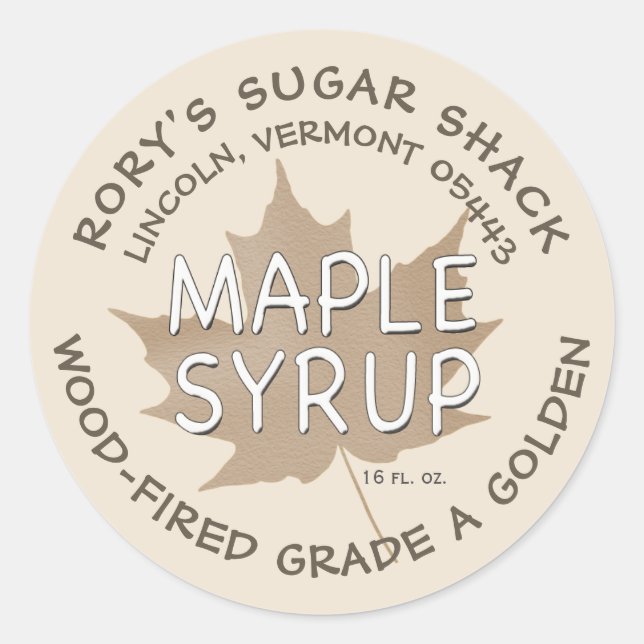 Textured Kraft Maple Leaf on Sandstone Maple Syrup Classic Round Sticker (Front)