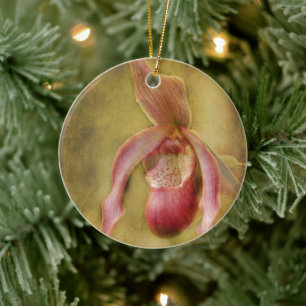 Textured Lady Slipper Orchid Ceramic Ornament