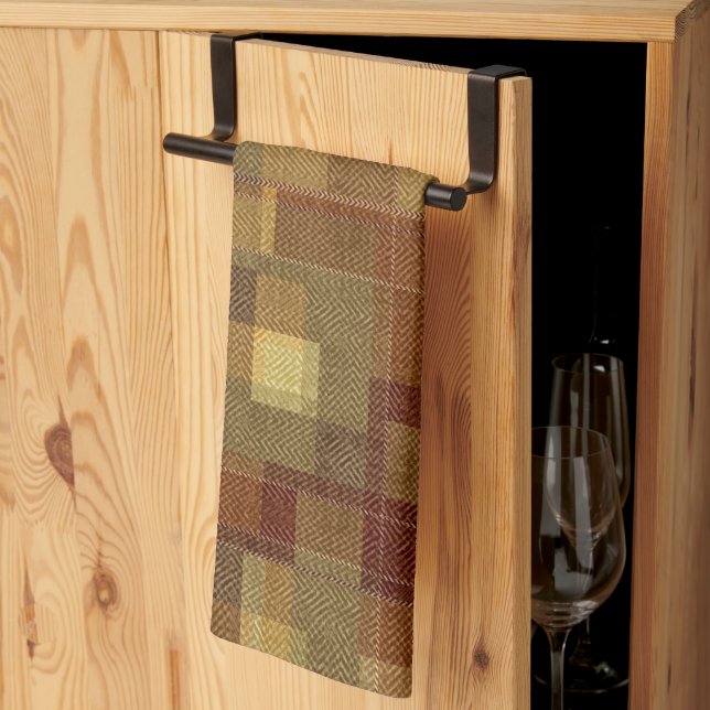 Textured monochrome brown tartan plaid. kitchen towel (Thirds Fold)