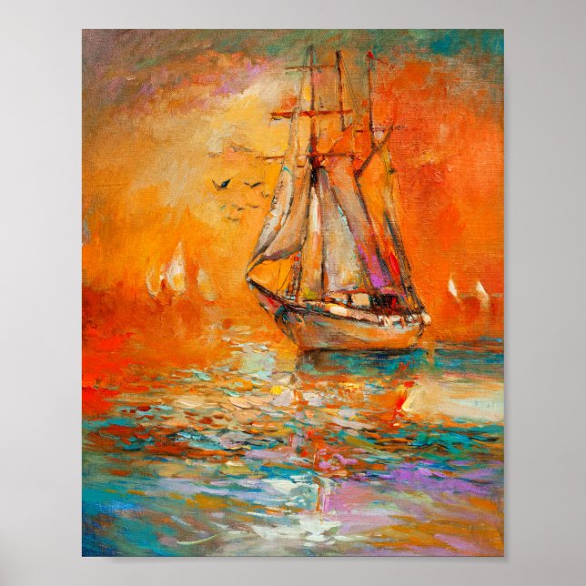 Textured Orange Impressionistic Seascape Painting Poster (Front)