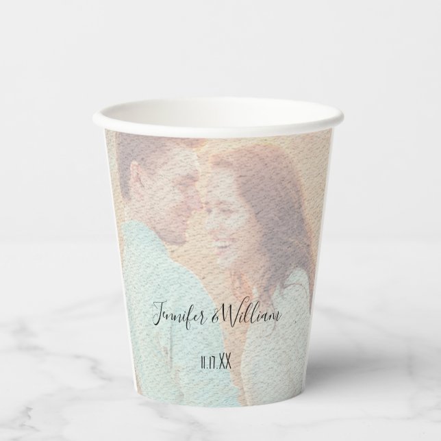 Textured Overlay Faded Photo Personalized Wedding Paper Cups (Front)