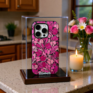 Textured Pink Flowers on Black Vines iPhone 16 Pro Case