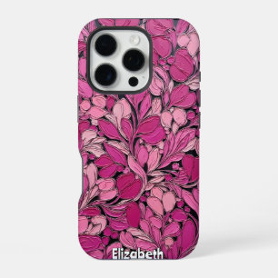 Textured Pink Flowers on Black Vines iPhone 16 Pro Case