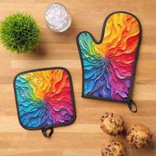 Textured Rainbow Swirl Art Oven Mitt & Pot Holder Set