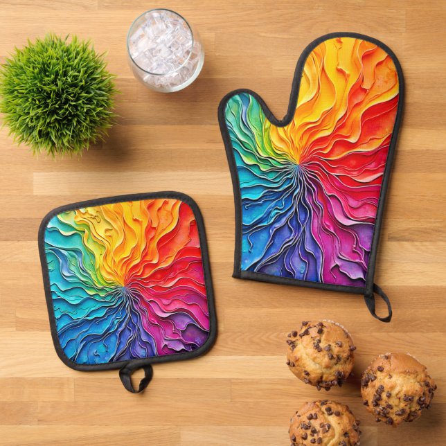 Textured Rainbow Swirl Art Oven Mitt & Pot Holder Set (Top Down)