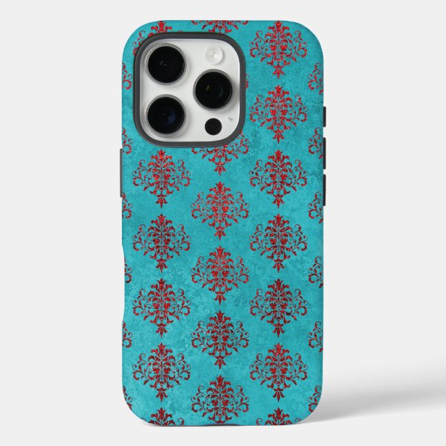 Textured Red Damask on Teal Pattern Case-Mate iPhone Case (Back)