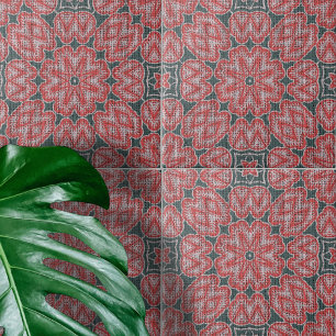 Textured Red White Gray Symmetrical Geometric Tile