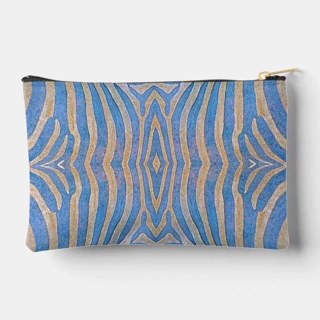 Textured, symmetrical blue and gold zebra pattern accessory pouch (Back)