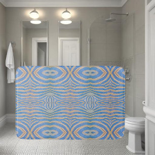 Textured, symmetrical blue and gold zebra pattern bath mat