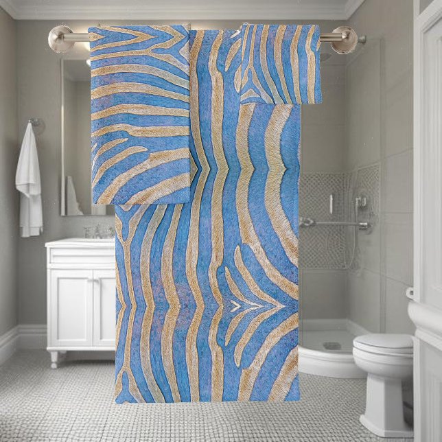Textured, symmetrical blue and gold zebra pattern bath towel set (Creator Uploaded)