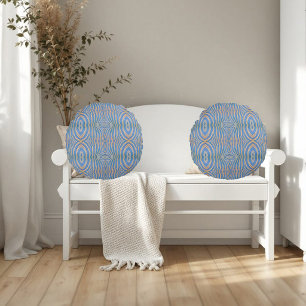 Textured, symmetrical blue and gold zebra pattern round pillow