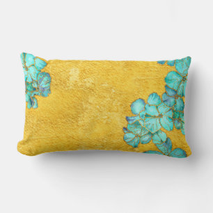 Textured Teal and Golden floral pattern Lumbar Pil Lumbar Pillow