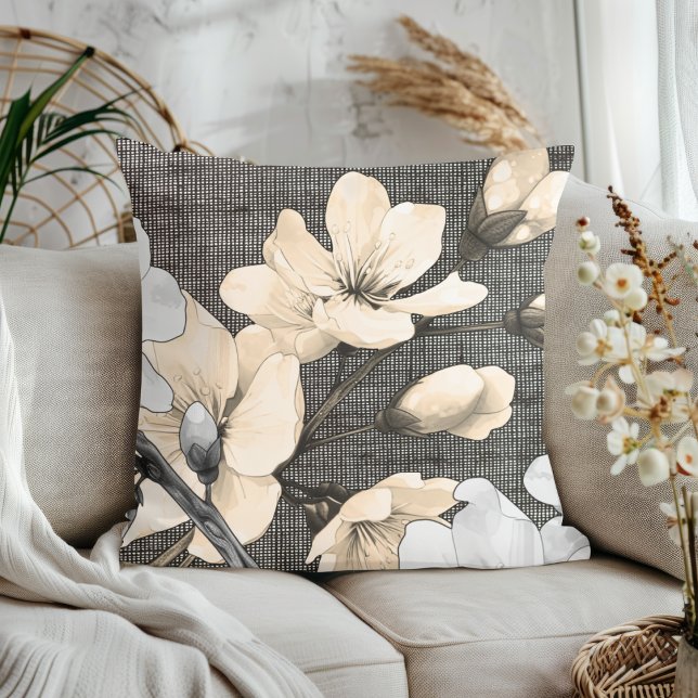 Textured Tranquillity: Cherry Blossom Serenade Throw Pillow (Creator Uploaded)