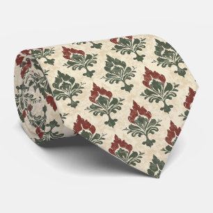 Textured Vintage Damask Red Green Beige Tie