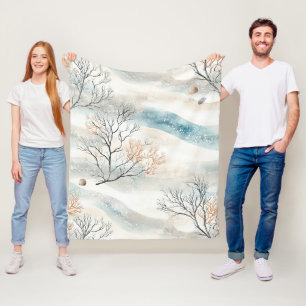 Textured Watercolor Coral in Orange & Slate Blue Fleece Blanket