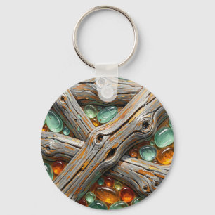 Textured Wood Branches Teal Amber Gems Keychain