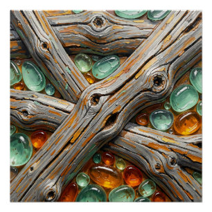 Textured Wood Branches Teal Amber Gems Poster