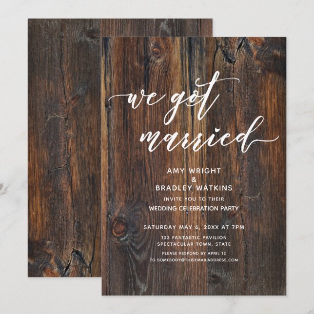 Textured Wood Handwriting We Got Married Invitation (Front/Back)