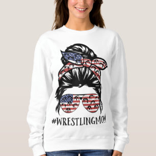 Th America Flag Messy Bun Wrestling Mom Life Sweatshirt