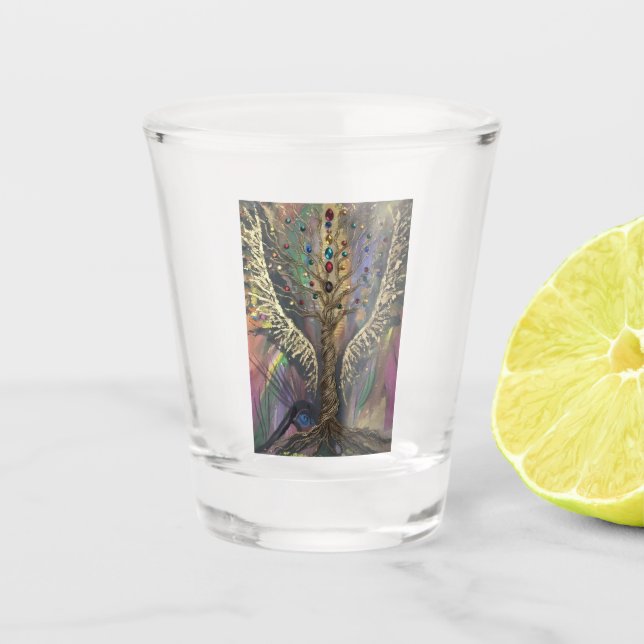 Th Divine Tree Of Life celestial wings and jewels  Shot Glass (Front)