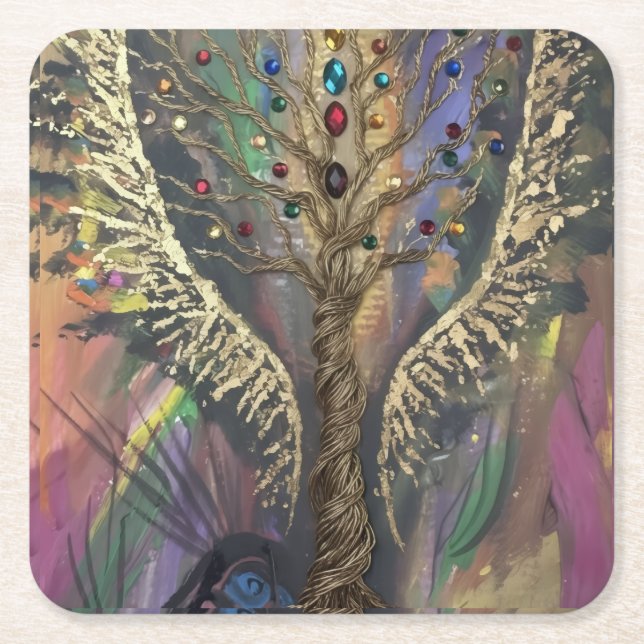Th Divine Tree Of Life celestial wings and jewels  Square Paper Coaster (Front)