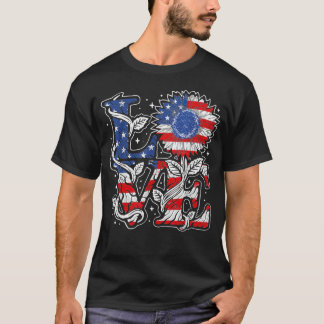 th Of July Love Sunflower Patriotic American Flag  T-Shirt