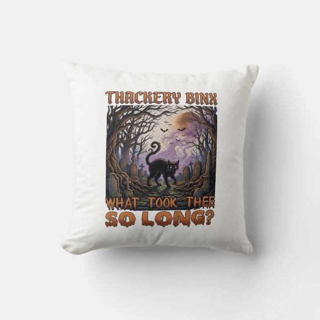 Thackery Binx Black Cat Halloween Graveyard Bats_1 Throw Pillow (Front)