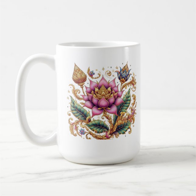 Thai Motif Flower Large Classic Ceramic Coffee Mug (Left)