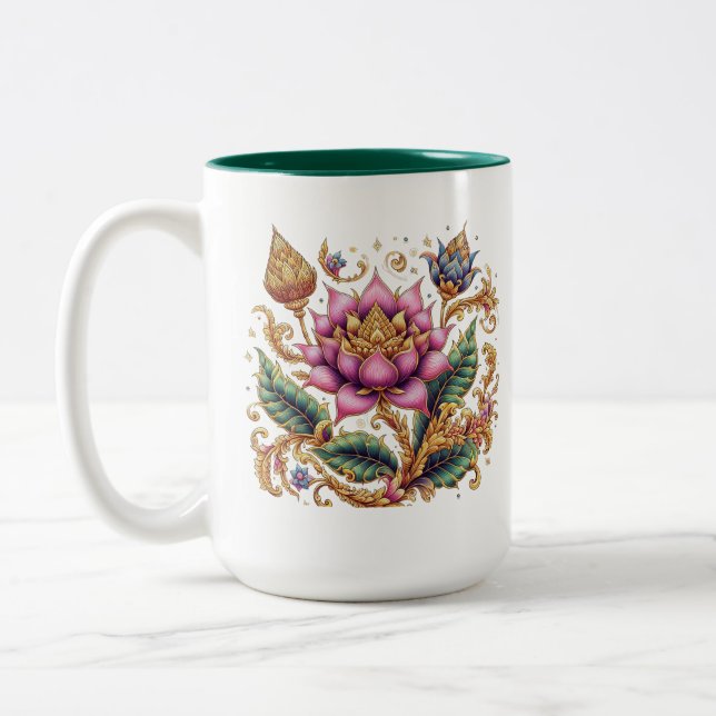 Thai Motif Flower Large Two-Tone Coffee Mug (Left)