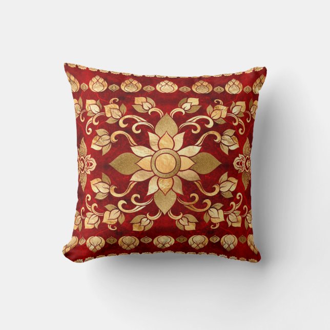 Thai Ornament - Gold and Red Throw Pillow (Front)