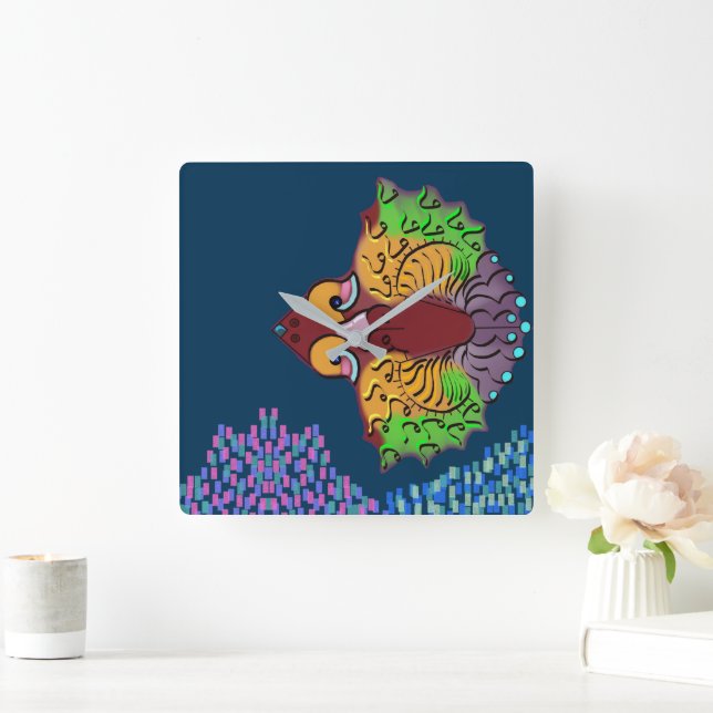 Thai Script Abstract Fish Art | Square Wall Clock (Home)