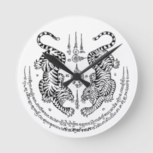 Thai Tattoo Designs Tiger " Yant Suea Koo “ Blac Round Clock